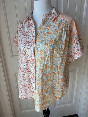 American Eagle Outfitters Orange Multi Floral Patchwork Button-Down Shirt